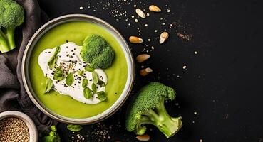 Broccoli Cream Soup Dish in Deep Plate. Cauliflower, Pumpkin Seeds and Sesame Scattered on Dinnertable. Diet Creamy Lunch Isolated on Black Background. photo