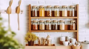 Countertop Spice Rack KItchen Indoor Interior. Kitchenware Utensils on Wooden Strip Indoors Food Store Bunch of Dried Herbs. Generative AI photo