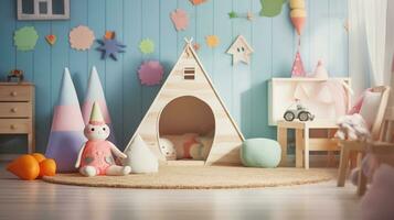 Baby room interior with toy house and textile dwarfs. Light pastel colors, Generative AI photo