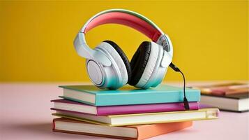 Colorful Inspiration, A Tabletop Composition of Stacked Hardcover Books, Vibrant Blank Covers, and Headphones. Generative AI photo
