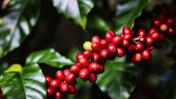 Passionate Aroma, Savoring the Essence of Fresh Red Coffee and Cherry Coffee Beans. Generative AI photo