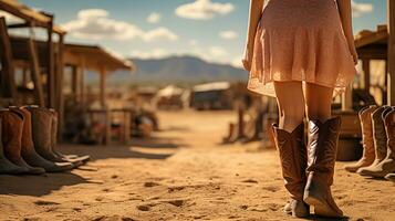 In the Eyes of a Cowgirl, Captivating Moments with Her Beloved Cowboy Boots. Generative AI photo