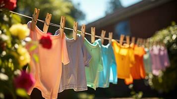 Children's Colorful Clothes Dance in the Sunlight on the Clothesline. Generative AI photo
