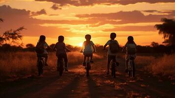 Silhouette of active Asian kids riding bikes at sunset. Generative AI photo