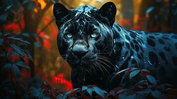 un negro pantera cazar en el selva oscuridad. generativo ai foto