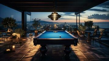 Beautiful billiard table on a large terrace. Generative AI photo