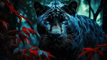 Black panther in the night jungle. Generative AI photo