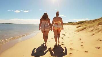 Back View Female friends couple with obesity walks along seacoast at sandy beach, beautiful sunlight on seashore, Generative AI photo