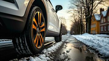 Car with winter tires in winter, snow and road, Generative AI photo