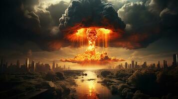 Explosion nuclear bomb. nuclear war, terrible devastation, mushroom cloud, Generative AI photo