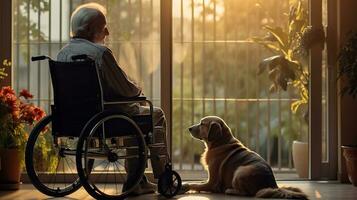 A Senior Man and His Dog Share a Quiet Moment by the Nursing Home Window. Generative AI photo