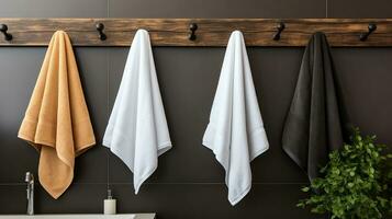 Sophisticated Simplicity, White, Black, and Grey Cotton Terry Towels on a Rail. Generative AI photo