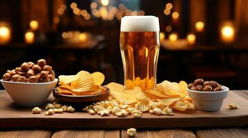 Freshly poured glass of light beer with foam and snacks, on a wooden table. Generative AI photo