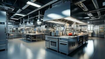 Food Production on a Grand Scale. Inside an Industrial Massive Central Kitchen. Generative AI photo