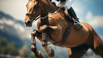 Thrilling Horse Jumping Displaying Athleticism and Skill. Generative AI photo