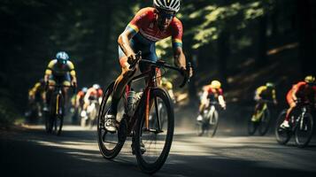 un ciclista compitiendo en un profesional carrera. generativo ai foto