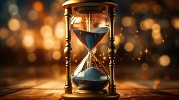 Vintage hourglass representing the concept of time and pacing, slow, sands of time with bokeh background. Generative AI photo