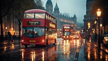 doble decker autobús en el calles en un lluvioso día. generativo ai foto