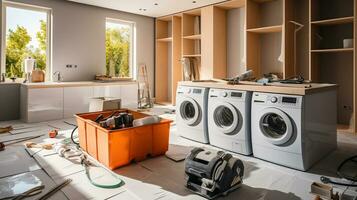 elaboración conveniencia, detrás el escenas de un moderno lavandería habitación construcción foto
