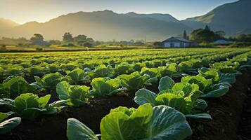 orgánico lechuga próspero en un sostenible granja en medio de majestuoso Mañana montañas. generativo ai foto