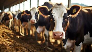 Group of cows at cowshed eating hay or fodder on dairy farm. Generative AI photo