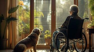 Rear View Lonely elderly senior man in a wheelchair with his dog in nursing home looking out the window. Generative AI photo