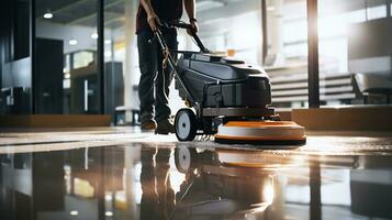 Worker Using Cleaning Machine to Wash the Office Floor. Generative AI photo