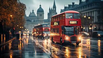 The Iconic Double Decker Bus Graces the Wet Streets photo