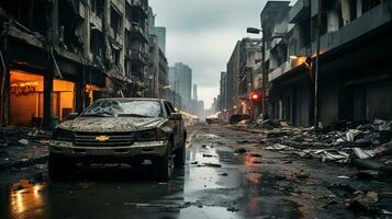 abandonado roto grande ciudad con rascacielos después un desastre, tornado, terremoto o guerra. generativo ai foto