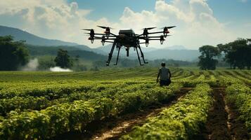 Agricultural technology smart farm concept. Farmer technicians remotely fly agricultural drones to fly to spray fertilizer in fields. Generative AI photo