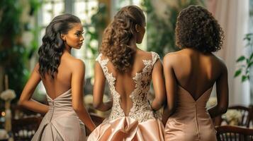 Back View Gorgeous african american bride with bridesmaids. Generative AI photo