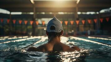 A muscular swimmer in swimming cap and goggles training at swimming pool. photo