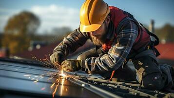 Construction worker install new roof. Electric drill used on new roofs with metal sheet. Generative AI photo