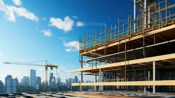 construcción de nuevo edificio con reforzado hormigón pisos construcción de moderno diseño arquitectura proyecto en centro, alto subir multi piso edificio construcción. generativo ai foto