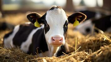 el Holstein becerro descansando en Paja a el lechería granja. generativo ai foto