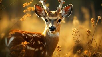 Adorable deer fawn in forest. Wildlife scene in nature. Generative AI photo