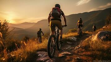 Embracing Dusk, Mountain Bikers in Harmony with Nature and Technology photo