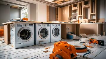 A bright, clean, and modern laundry room under construction. photo