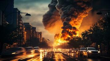 Dramatic evening big city landscape with fire, smoke and tornado. Long exposure and blurred car headlights. Disaster concept. Generative AI photo