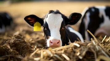 The Holstein Calf Resting in Straw at the Dairy Farm. Generative AI photo