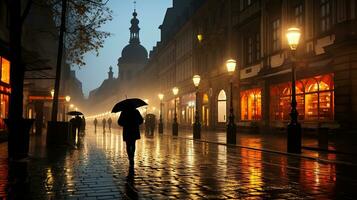 Evening streets of the old town with bright orange lanterns reflecting off the wet cobblestones in the rain with fog and silhouettes of crowds of people with umbrellas. Generative AI photo