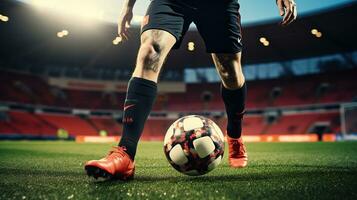 Football player the ball or dribbling with feints on the field or green grass lawn on the background of the stadium stands. Empty space for advertising text. photo