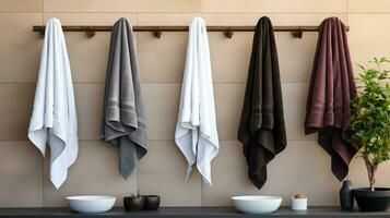 Sophisticated Simplicity, White, Black, and Grey Cotton Terry Towels on a Rail. Generative AI photo