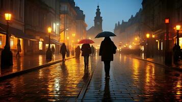 Enchanting Rain-soaked Night, Evening Streets of the Old Town with Orange Lanterns and Umbrella-clad Crowds. Generative AI photo