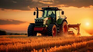 un asombroso tarde cosecha como el agrícola tractor cosecha el dorado trigo a puesta de sol. generativo ai foto