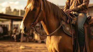 A woman rides a horse with Western Leather Covered Saddle Stirrups. Generative AI photo