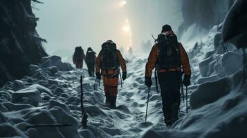 Rescue team navigates through a treacherous snowstorm, searching for missing people buried in an avalanche. Emergency response concept. photo