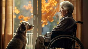 A Lonely Elderly Man and His Faithful Dog in the Nursing Home. Generative AI photo