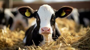 Close up view of holstein calf lying in straw inside dairy farm. Generative AI photo