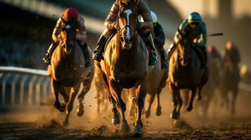 un emocionante caballo carrera a el pista. generativo ai foto